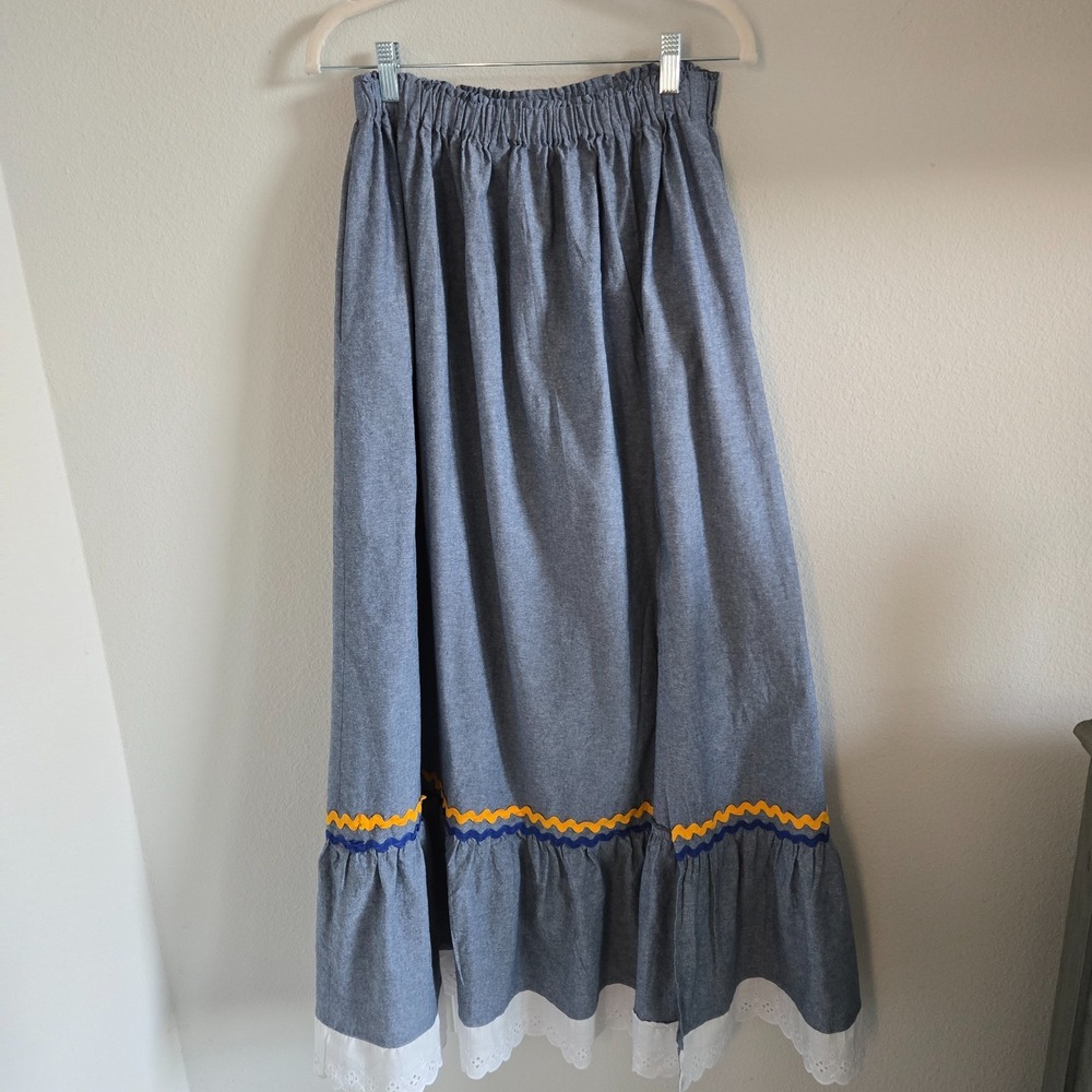 Karabela Glam Traditional Haitian Blue Maxi Skirt Rickrack Trim Lace Hem Medium